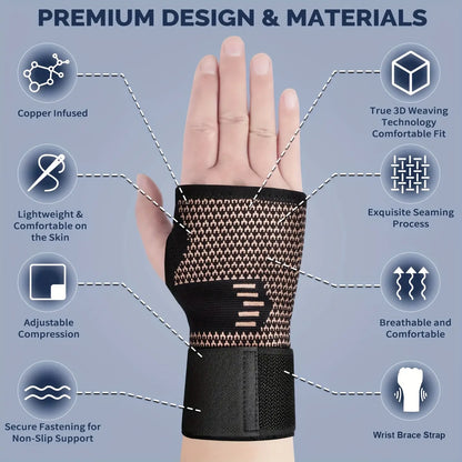 2-Pack Copper Fiber Wrist Brace Gloves, Wrist Brace for Working Out, Adjustable Compression Hand Braces for Men and Women with Breathable Mesh and Secure Straps, Ideal Hand and Wrist Support Wraps and Sports Wristbands