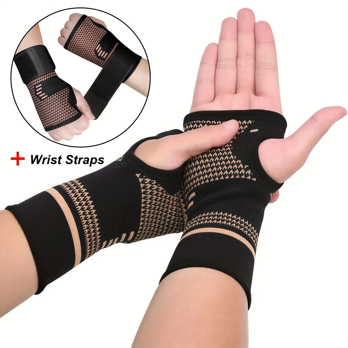 2-Pack Copper Fiber Wrist Brace Gloves, Wrist Brace for Working Out, Adjustable Compression Hand Braces for Men and Women with Breathable Mesh and Secure Straps, Ideal Hand and Wrist Support Wraps and Sports Wristbands