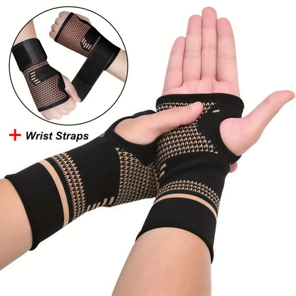 2-Pack Copper Fiber Wrist Brace Gloves, Wrist Brace for Working Out, Adjustable Compression Hand Braces for Men and Women with Breathable Mesh and Secure Straps, Ideal Hand and Wrist Support Wraps and Sports Wristbands